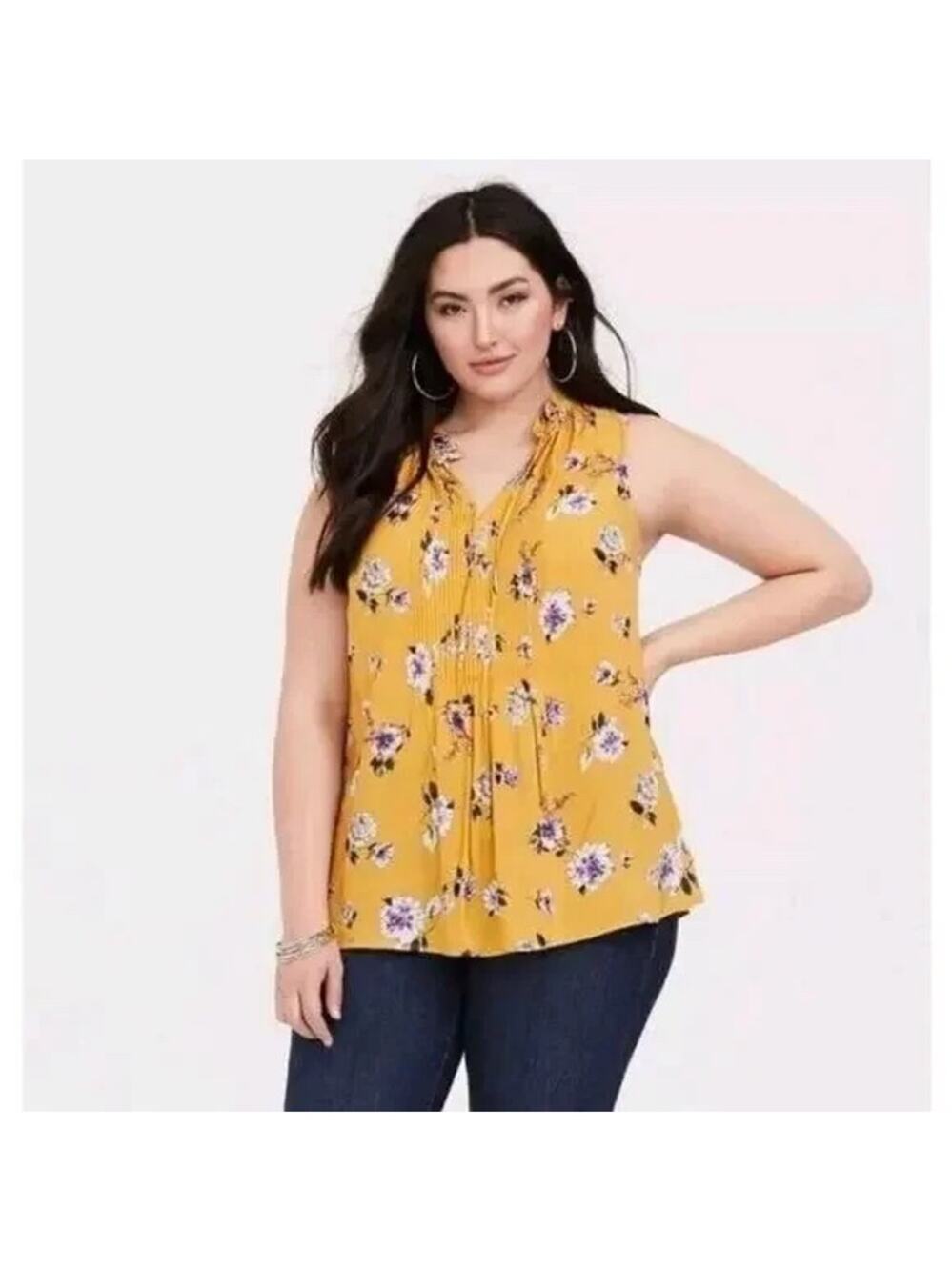 Torrid EUC Yellow Floral Challis Tie Front Tank Blouse Size 4X